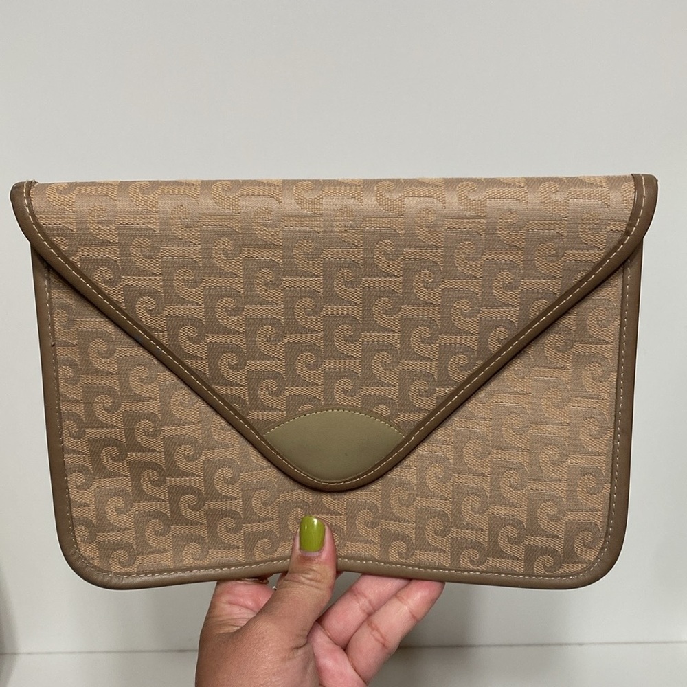 Vintage Pierre Cardin Monogrammed Leather and Canvas Tan Envelope Clutch…